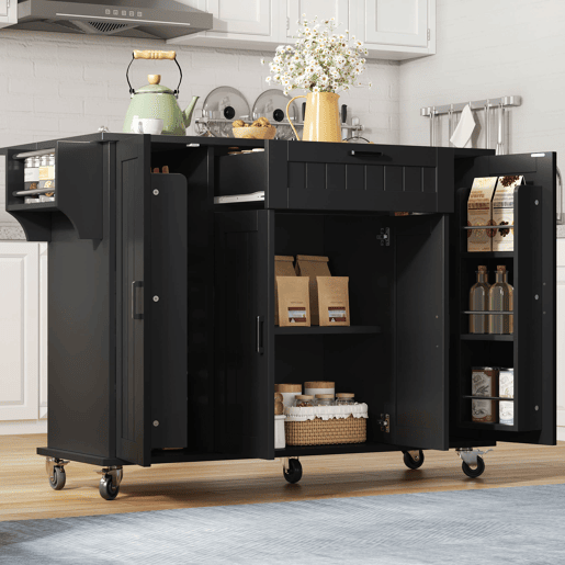 Ilha de cozinha 120x45(70)x95 - 4 portas, 1 gaveta, prateleiras para especiarias, toalheiros duplos - Preto