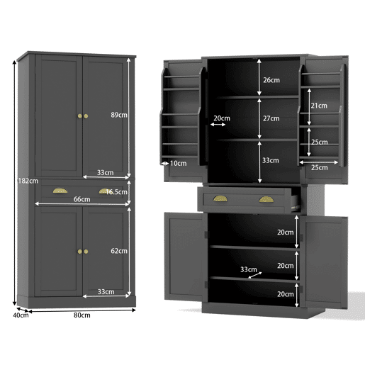 Armário de arrumação 182 cm - 4 portas, 1 gaveta, 2 portas com prateleiras, 6 compartimentos e 4 prateleiras ajustáveis - Preto