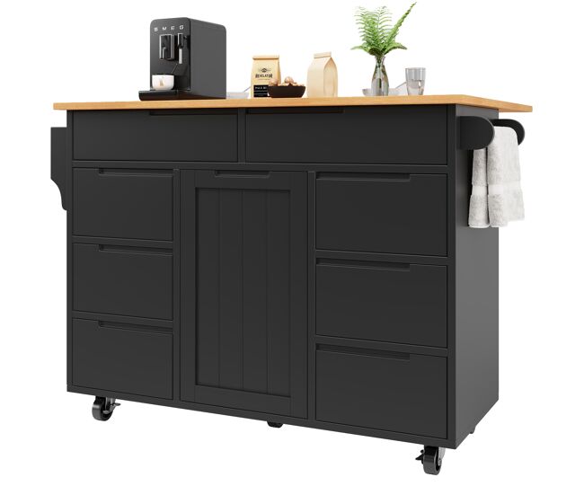Isla de cocina moderna 122x74.5x91.5 cm - carro de cocina con ruedas, 8 cajones, estante para especias - negro