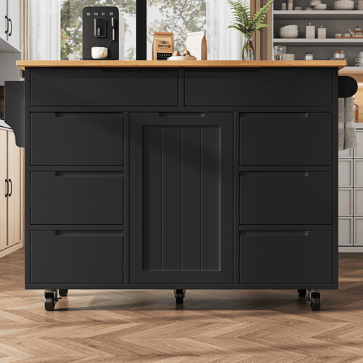 Ilha de cozinha moderna 122x74,5x91,5 cm - Carrinho de cozinha com rodas, 8 gavetas, prateleira para especiarias - Preto