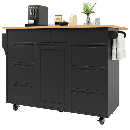 Ilha de cozinha moderna 122x74,5x91,5 cm - Carrinho de cozinha com rodas, 8 gavetas, prateleira para especiarias - Preto