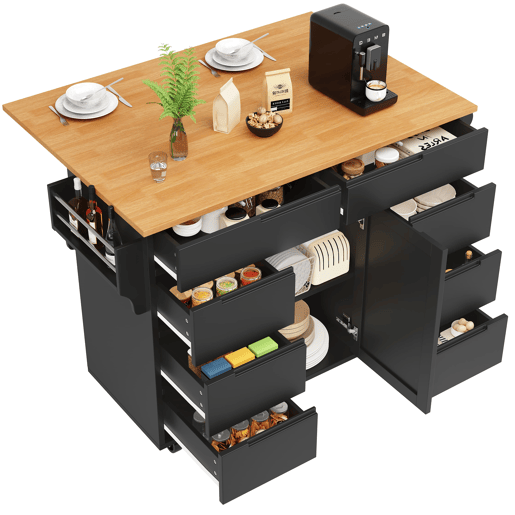 Ilha de cozinha moderna 122x74,5x91,5 cm - Carrinho de cozinha com rodas, 8 gavetas, prateleira para especiarias - Preto
