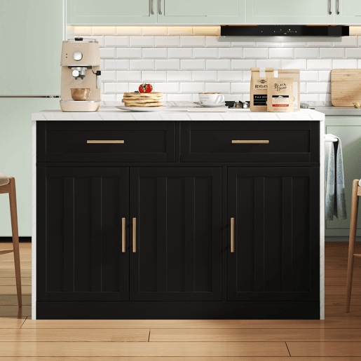 Ilha de cozinha 120x60x91 cm - Com tomadas, portas USB, prateleiras ajustáveis, puxadores metálicos, área de bar - Branco