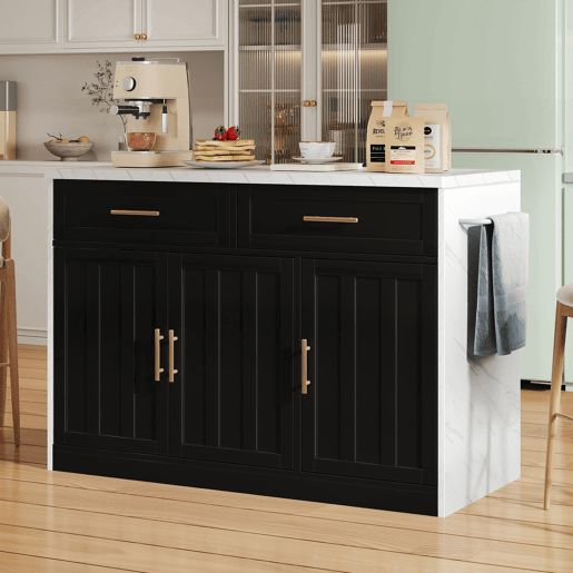 Ilha de cozinha 120x60x91 cm - Com tomadas, portas USB, prateleiras ajustáveis, puxadores metálicos, área de bar - Branco