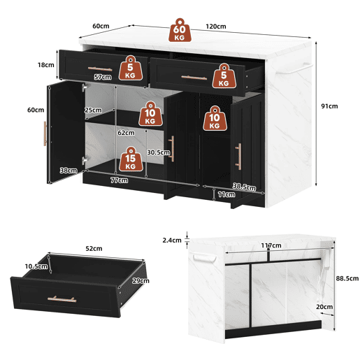 Ilha de cozinha 120x60x91 cm - Com tomadas, portas USB, prateleiras ajustáveis, puxadores metálicos, área de bar - Branco