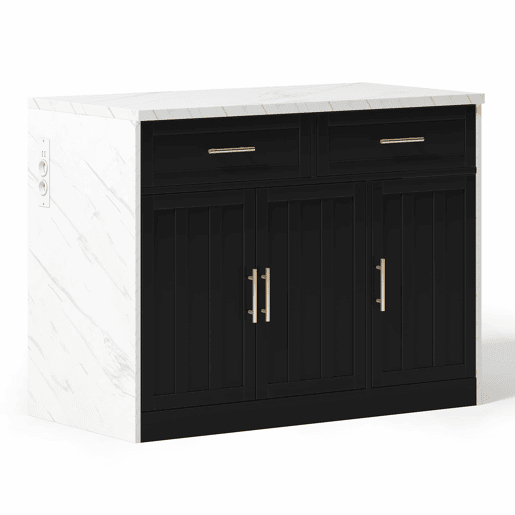 Ilha de cozinha 120x60x91 cm - Com tomadas, portas USB, prateleiras ajustáveis, puxadores metálicos, área de bar - Branco