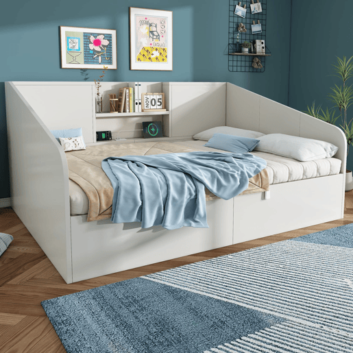 Cama hidráulica 140x190 - prateleiras, grande capacidade de armazenamento, USBType-C - branco