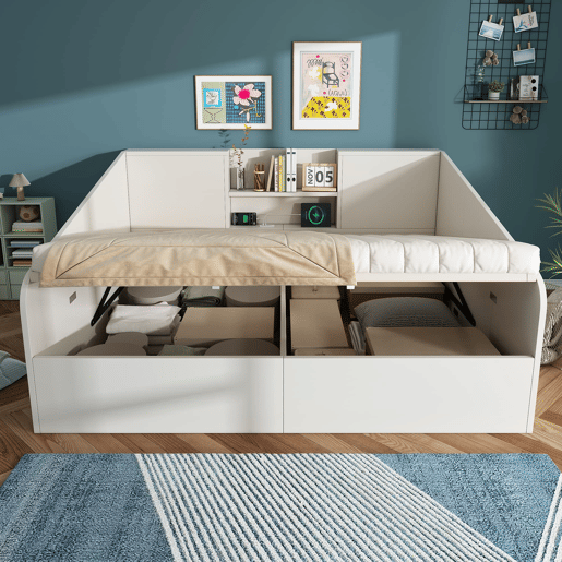 Cama hidráulica 140x190 - prateleiras, grande capacidade de armazenamento, USBType-C - branco
