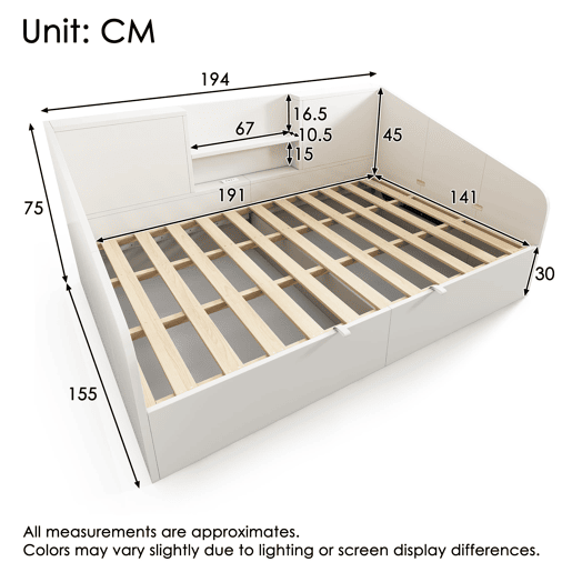 Cama hidráulica 140x190 - prateleiras, grande capacidade de armazenamento, USBType-C - branco