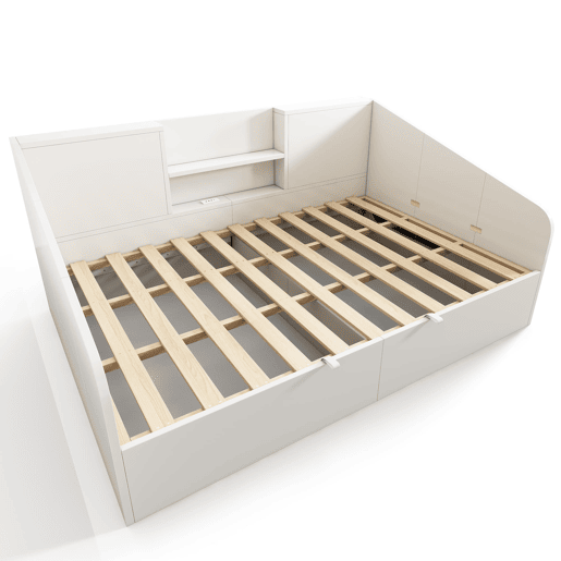 Cama hidráulica 140x190 - prateleiras, grande capacidade de armazenamento, USBType-C - branco