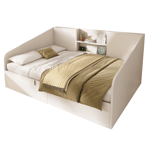 Cama hidráulica 140x190 - prateleiras, grande capacidade de armazenamento, USBType-C - branco
