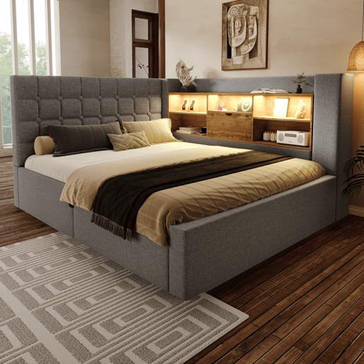 Cama estofada 140x190 - LED, armazenamento hidráulico, cabeceira em L, colchão não incluído - Cinza