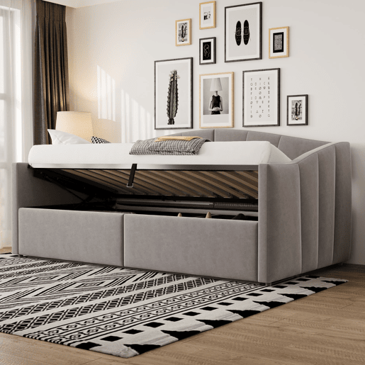 Sofá-cama 90x200 cm - Com arrumação hidráulica, com estrado e braços - Cinza claro