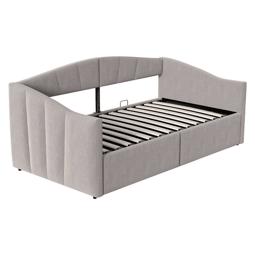 Sofá-cama 90x200 cm - Com arrumação hidráulica, com estrado e braços - Cinza claro