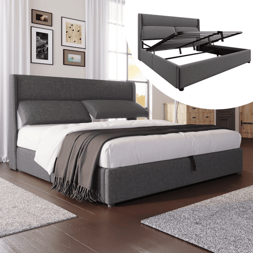 Cama estofada 160x200 cm - Cabeceira ajustável, canapé hidráulico com arrumação - Cinza