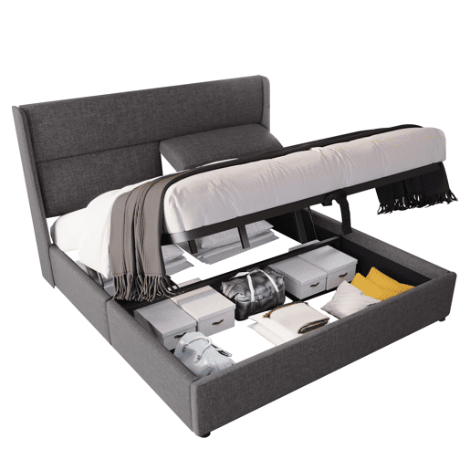Cama estofada 160x200 cm - Cabeceira ajustável, canapé hidráulico com arrumação - Cinza