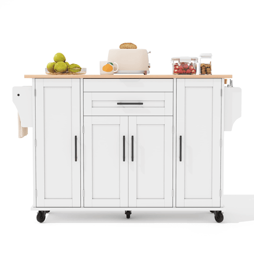 Ilha de cozinha móvel 120x45 cm - Superfície extensível, gaveta para utensílios, prateleiras ajustáveis - Branco + Natural