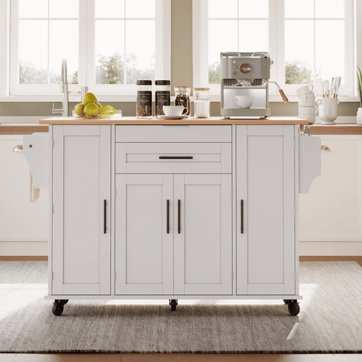 Ilha de cozinha móvel 120x45 cm - Superfície extensível, gaveta para utensílios, prateleiras ajustáveis - Branco + Natural