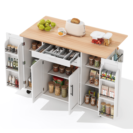 Ilha de cozinha móvel 120x45 cm - Superfície extensível, gaveta para utensílios, prateleiras ajustáveis - Branco + Natural