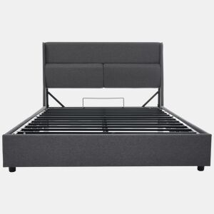Cama estofada 180x200 cm - Encosto ajustável, arrumação hidráulica, linho, com estrado - Cinza