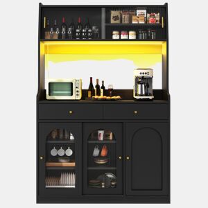 Armário de cozinha 120x40x180 cm - Com prateleiras ajustáveis, 2 gavetas, aparador com LED e luz variável - Preto