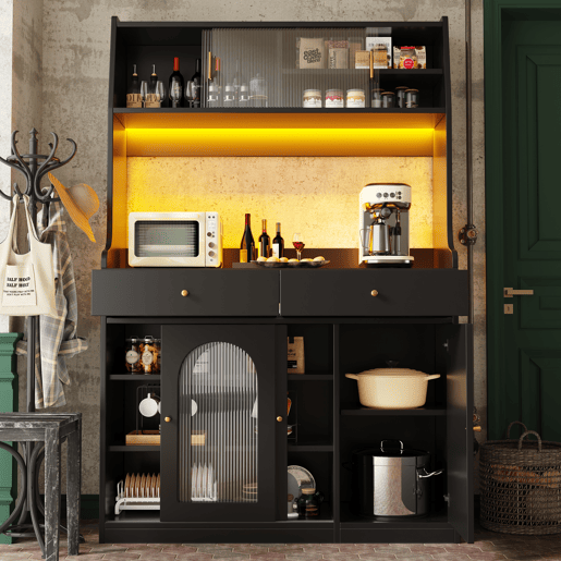 Armário de cozinha 120x40x180 cm - Com prateleiras ajustáveis, 2 gavetas, aparador com LED e luz variável - Preto