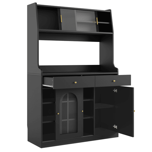Armário de cozinha 120x40x180 cm - Com prateleiras ajustáveis, 2 gavetas, aparador com LED e luz variável - Preto