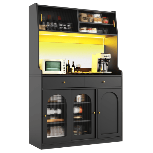 Armário de cozinha 120x40x180 cm - Com prateleiras ajustáveis, 2 gavetas, aparador com LED e luz variável - Preto
