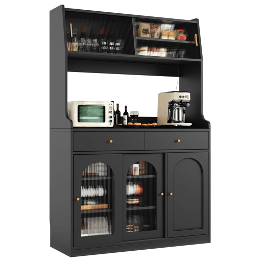 Armário de cozinha 120x40x180 cm - Com prateleiras ajustáveis, 2 gavetas, aparador com LED e luz variável - Preto