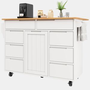 Ilha de cozinha moderna 122x74,5x91,5 cm - Carrinho com rodas e bancada, 8 gavetas, branco