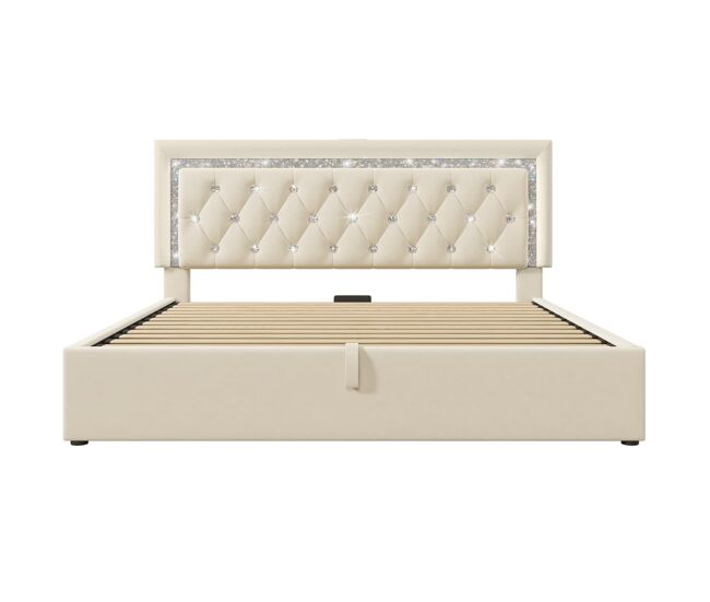 Cama tapizada 160x200 cm - led en cabecero, usb & type-c, almacenamiento hidráulico - beige