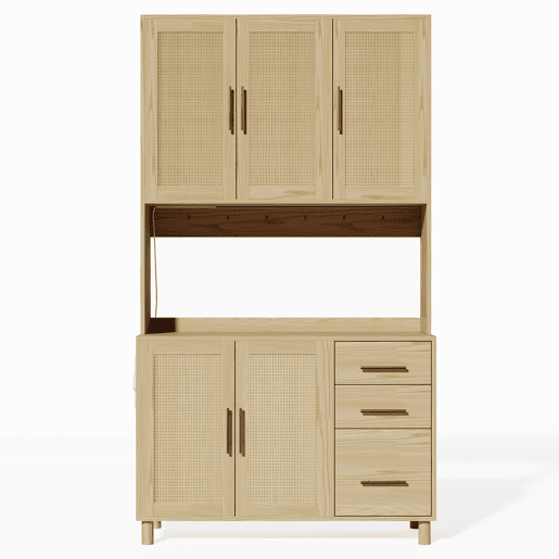 Buffet 183 cm - LED decorativas, 2 x USB, 2 x tomadas, prateleiras ajustáveis, 3 gavetas, puxadores metálicos dourados - Natural