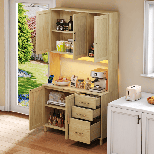 Buffet 183 cm - LED decorativas, 2 x USB, 2 x tomadas, prateleiras ajustáveis, 3 gavetas, puxadores metálicos dourados - Natural