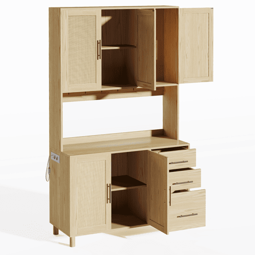 Buffet 183 cm - LED decorativas, 2 x USB, 2 x tomadas, prateleiras ajustáveis, 3 gavetas, puxadores metálicos dourados - Natural