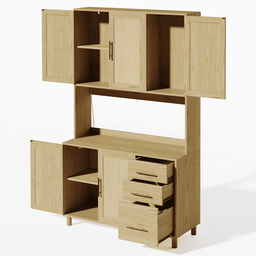 Buffet 183 cm - LED decorativas, 2 x USB, 2 x tomadas, prateleiras ajustáveis, 3 gavetas, puxadores metálicos dourados - Natural