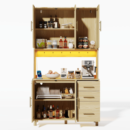 Buffet 183 cm - LED decorativas, 2 x USB, 2 x tomadas, prateleiras ajustáveis, 3 gavetas, puxadores metálicos dourados - Natural