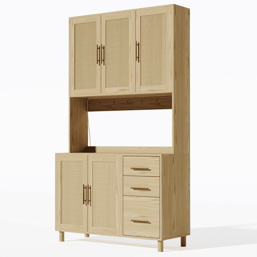 Buffet 183 cm - LED decorativas, 2 x USB, 2 x tomadas, prateleiras ajustáveis, 3 gavetas, puxadores metálicos dourados - Natural