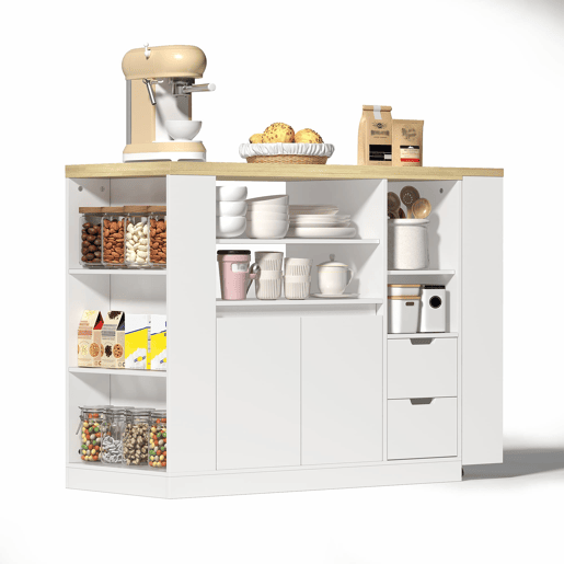 Ilha de cozinha 115 cm - bancada extensível, prateleiras em 3 lados e 2 gavetas - branco e natural