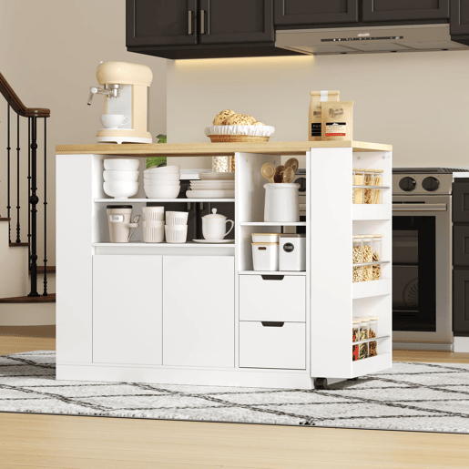 Ilha de cozinha 115 cm - bancada extensível, prateleiras em 3 lados e 2 gavetas - branco e natural