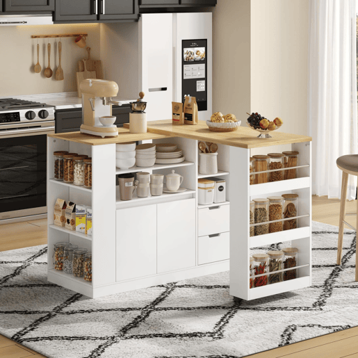 Ilha de cozinha 115 cm - bancada extensível, prateleiras em 3 lados e 2 gavetas - branco e natural