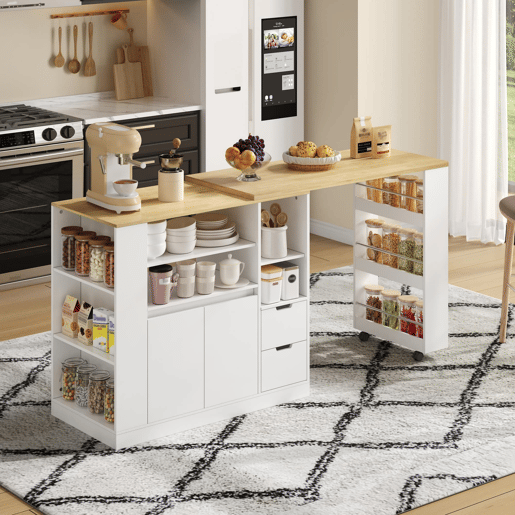 Ilha de cozinha 115 cm - bancada extensível, prateleiras em 3 lados e 2 gavetas - branco e natural
