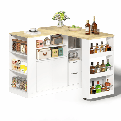 Ilha de cozinha 115 cm - bancada extensível, prateleiras em 3 lados e 2 gavetas - branco e natural
