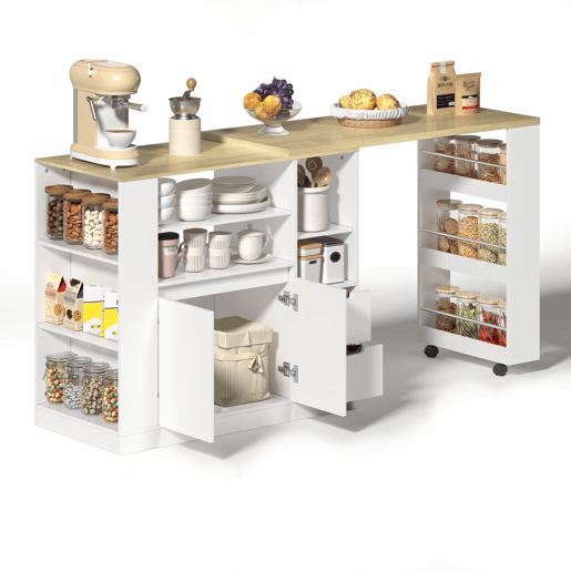 Ilha de cozinha 115 cm - bancada extensível, prateleiras em 3 lados e 2 gavetas - branco e natural
