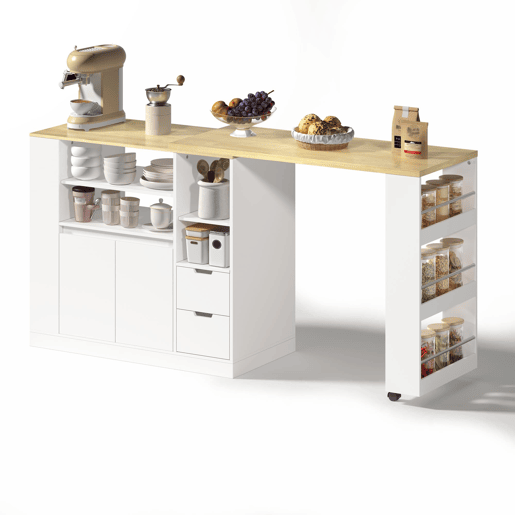 Ilha de cozinha 115 cm - bancada extensível, prateleiras em 3 lados e 2 gavetas - branco e natural