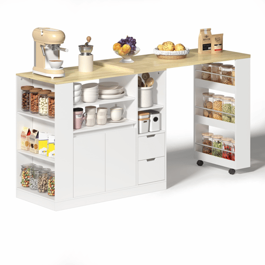 Ilha de cozinha 115 cm - bancada extensível, prateleiras em 3 lados e 2 gavetas - branco e natural