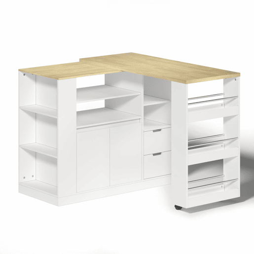 Ilha de cozinha 115 cm - bancada extensível, prateleiras em 3 lados e 2 gavetas - branco e natural