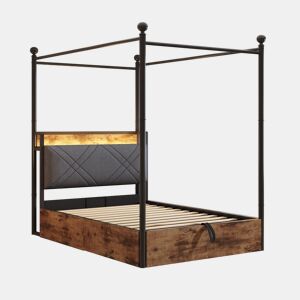 Cama individual multifuncional 90x190 - Com armazenamento hidráulico, dossel em ferro forjado, LED e portas USBTipo-C - Preta