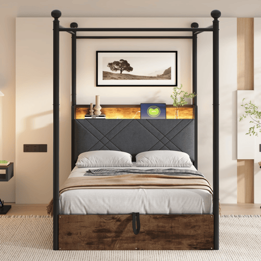Cama individual multifuncional 90x190 - Com armazenamento hidráulico, dossel em ferro forjado, LED e portas USBTipo-C - Preta