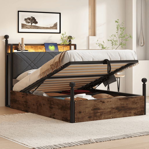 Cama individual multifuncional 90x190 - Com armazenamento hidráulico, dossel em ferro forjado, LED e portas USBTipo-C - Preta