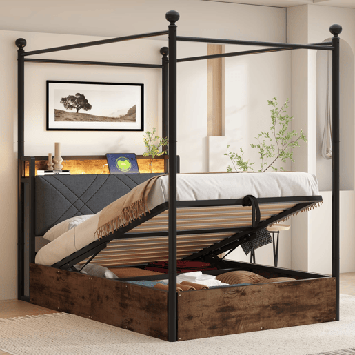 Cama individual multifuncional 90x190 - Com armazenamento hidráulico, dossel em ferro forjado, LED e portas USBTipo-C - Preta